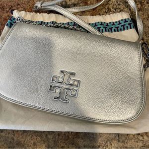 Tory Burch Silver Leather Britten Crossbody Bag